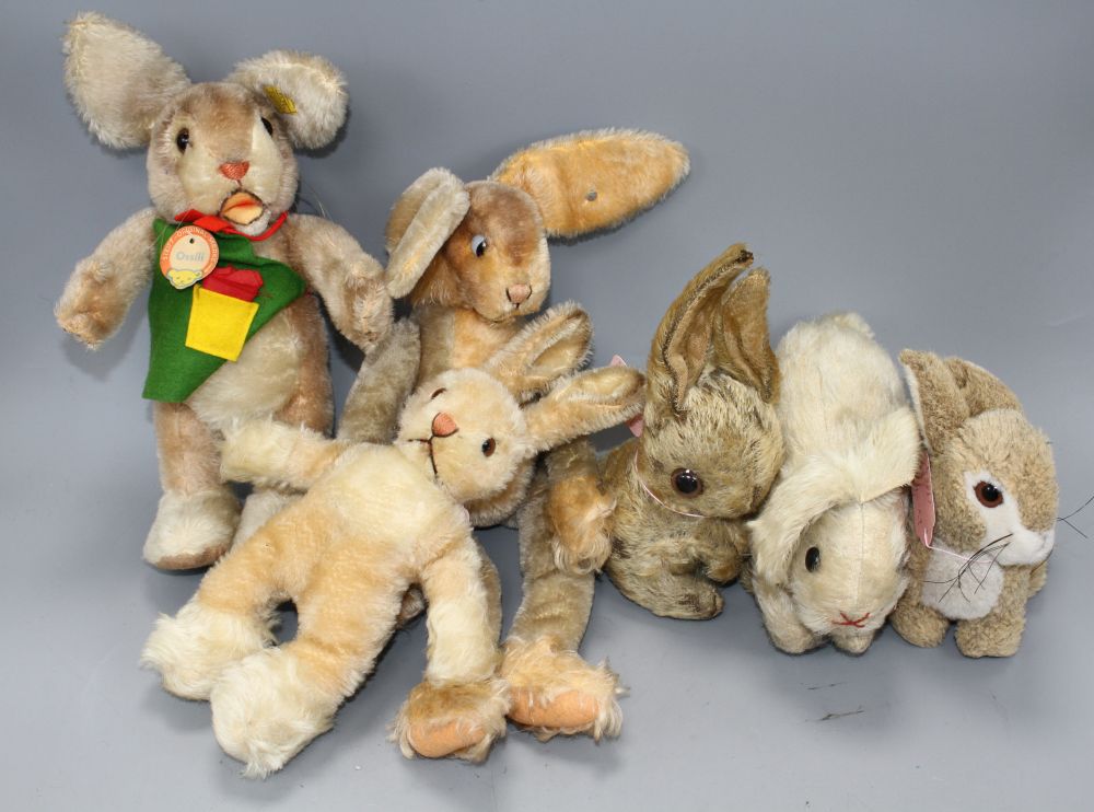 A collection of mostly Steiff soft toy rabbits